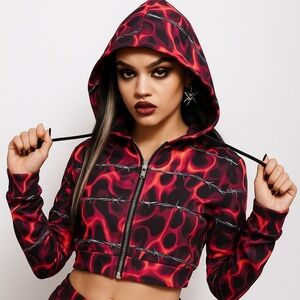 POSTER GIRL High Risk Barbed Wire Print Crop Zip Up Hoodie Jacket Pink Black XL